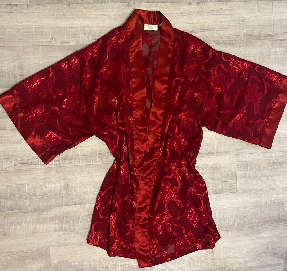 Vtg 90s Victorias Secret Gold Label Red Kimono Robe Satin Sheer Floral Duster M